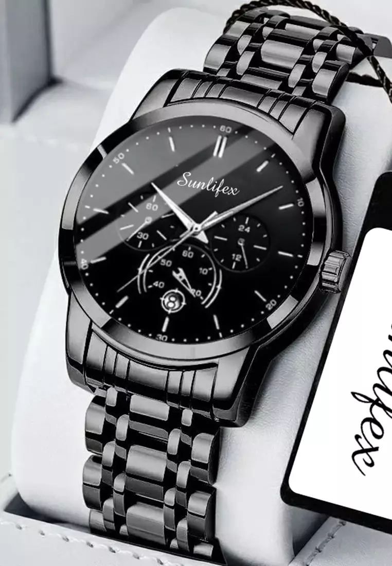 Jam Tangan Pria Original Bisnis Anti Air Kuarsa Jam Pria Calendar Tali Stainless Steel Jam Tangan Cowok 9007 black white