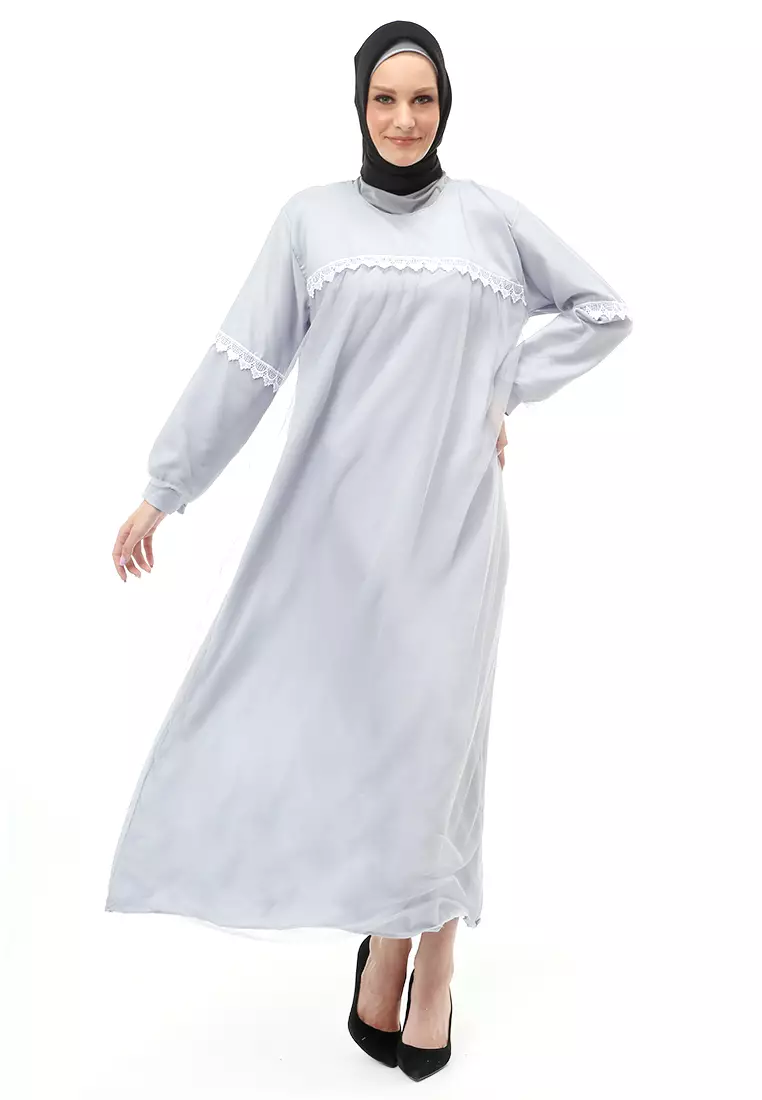 Adelia Gamis Muslimah Wanita Long Dress Motif Polos Premium Quality - Abu