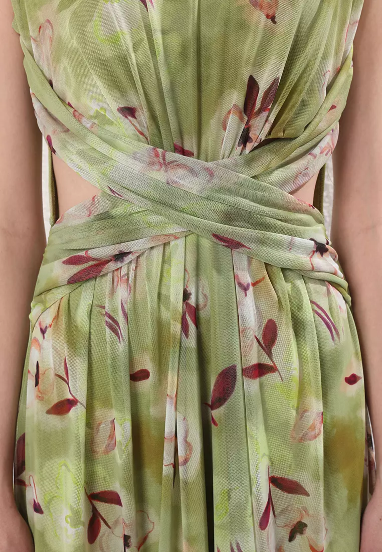 Green A-Line Cut Out/Window Detailed Lined Tulle Midi Evening Prom Dress TPRSS24EL00022