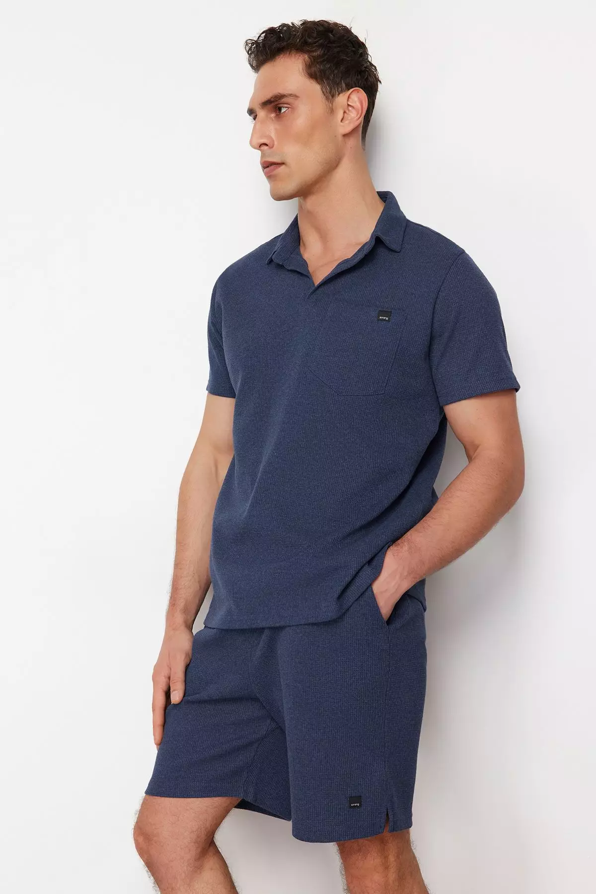 Indigo Regular Cut Textured Fabric Labeled Polo Collar Tracksuit Set TMNSS23EM00003
