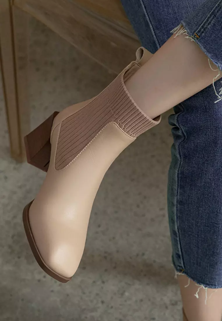 VANSA Fashionable Top Layer Cowhide Stretch Ankle Boots VSW-B06291288