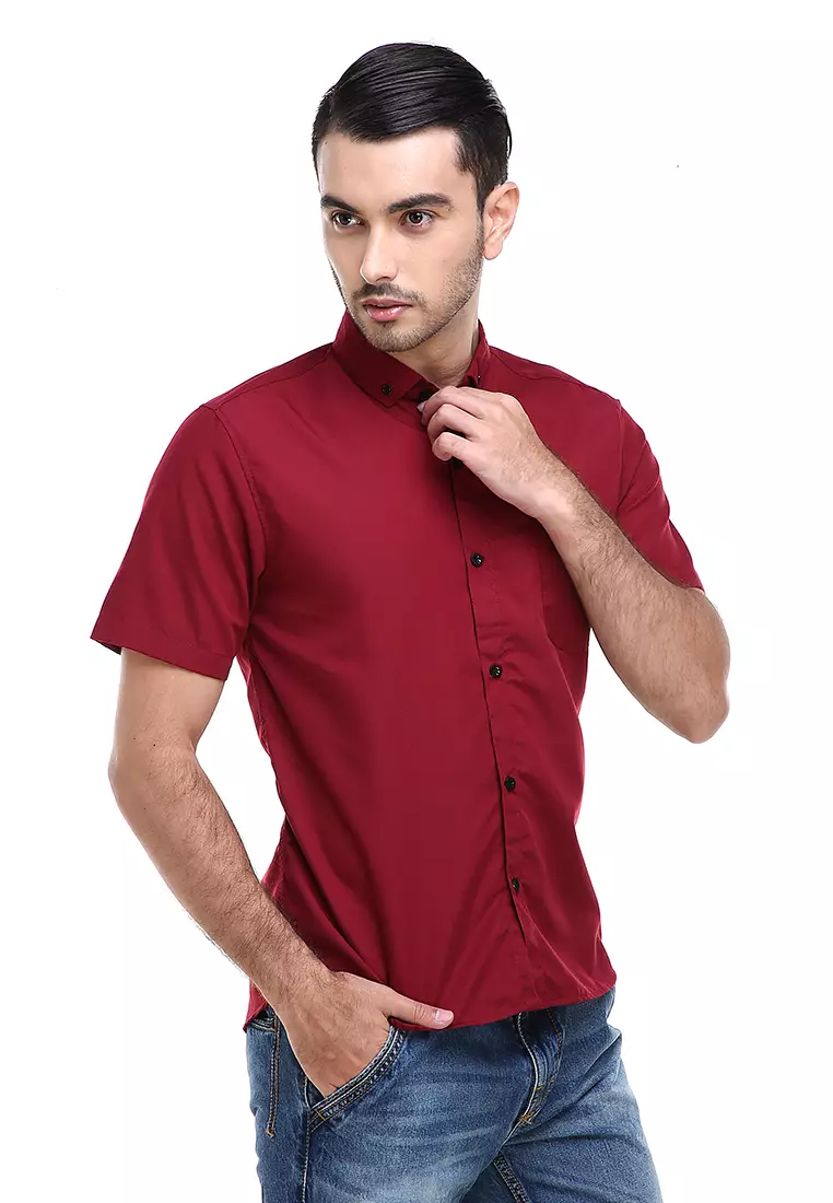 Dwan Casual Shirt Kemeja Polos Pria Lengan Pendek Kasual Formal Material Cotton ORIGINAL - Maroon