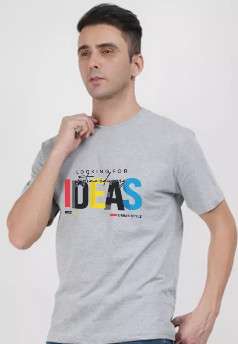 Ideas 图案灰色棉质短袖圆领常规版型 T 恤