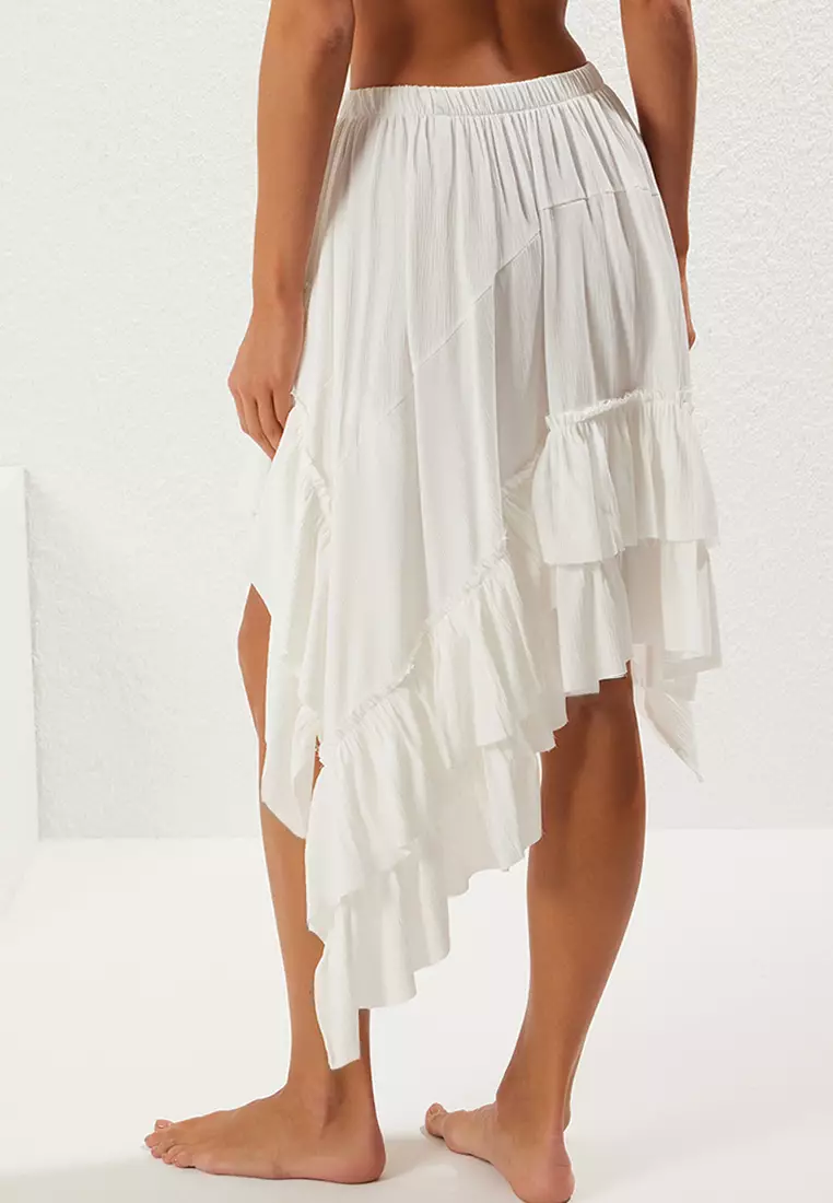 Ecru Woven Ruffle Beach Skirt