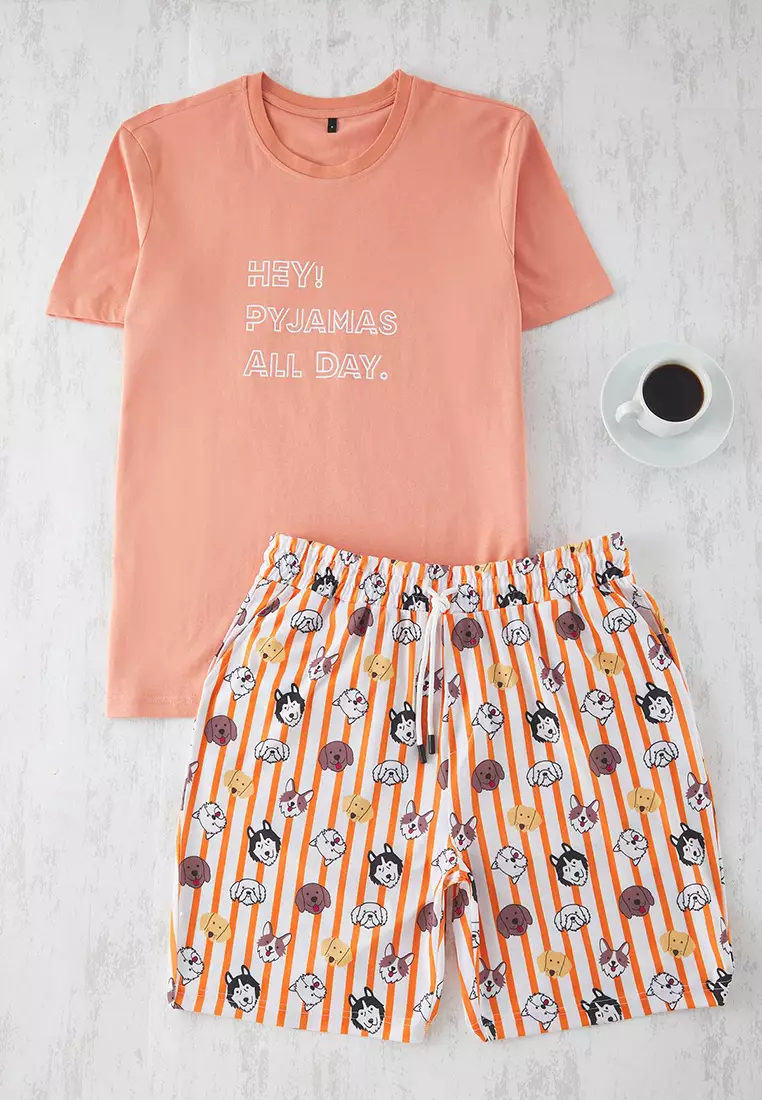 Orange Regular Fit Dog Printed Knitted Shorts Pajama Set TMNSS23PT00000