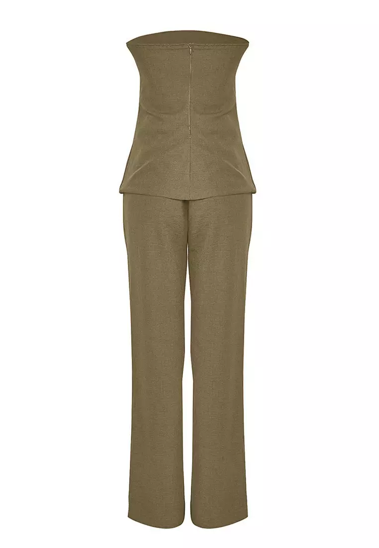 Khaki Linen Look Strapless Blouse And Pants Bottom Top Set