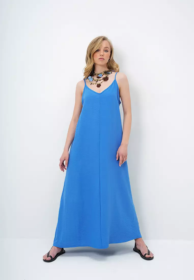 Women's Indigo Blue Adjustable Strap V-Neck Aerobin Summer Dress Alc-X14067