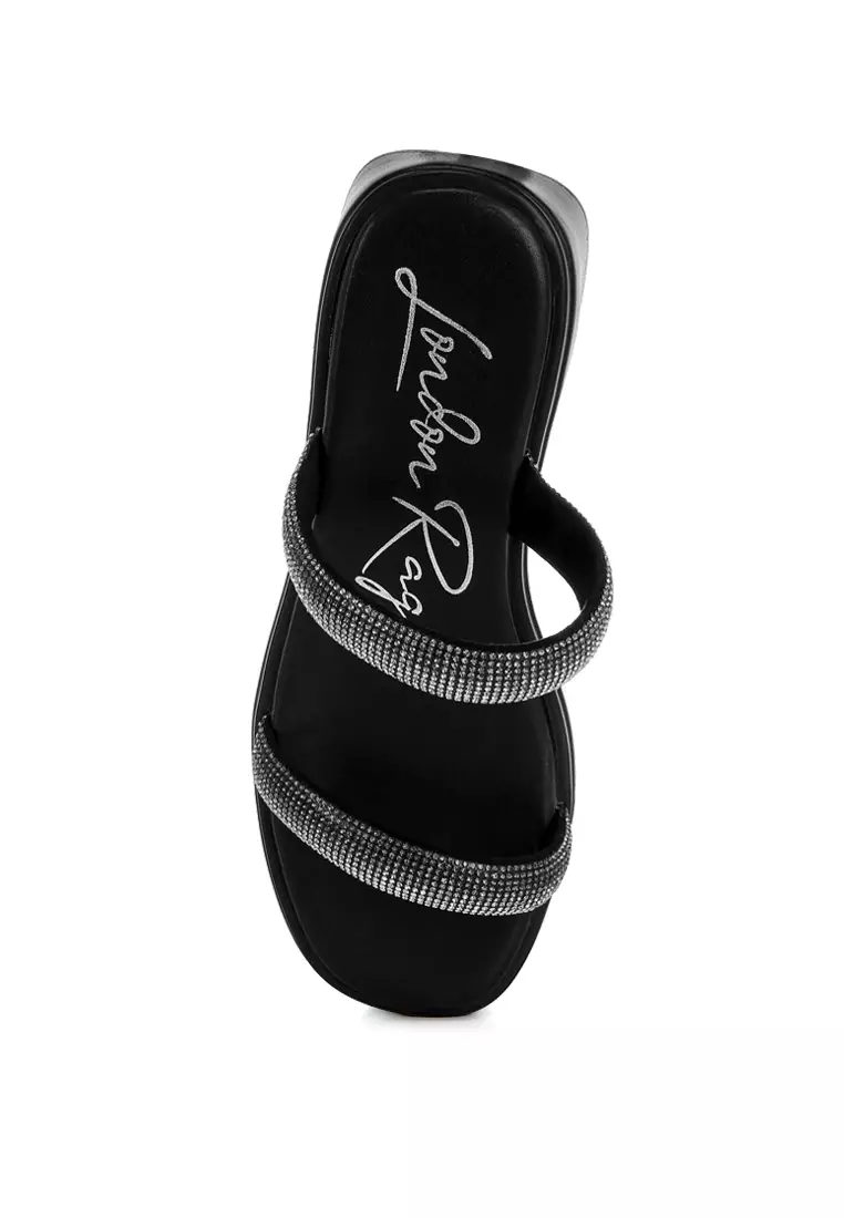 Sandal Platform Berhias Berlian Imitasi Tebal Warna Hitam