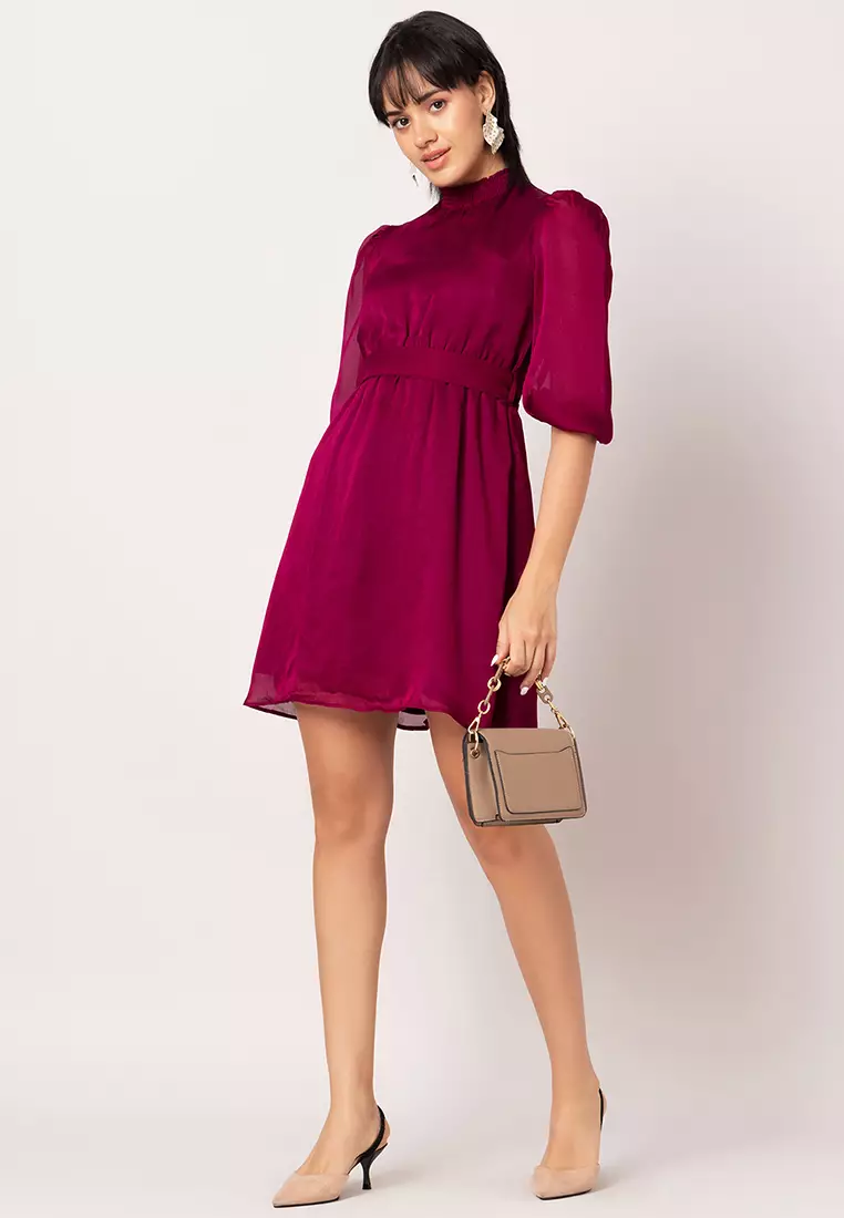 Purple High Neck Dress With Belt
