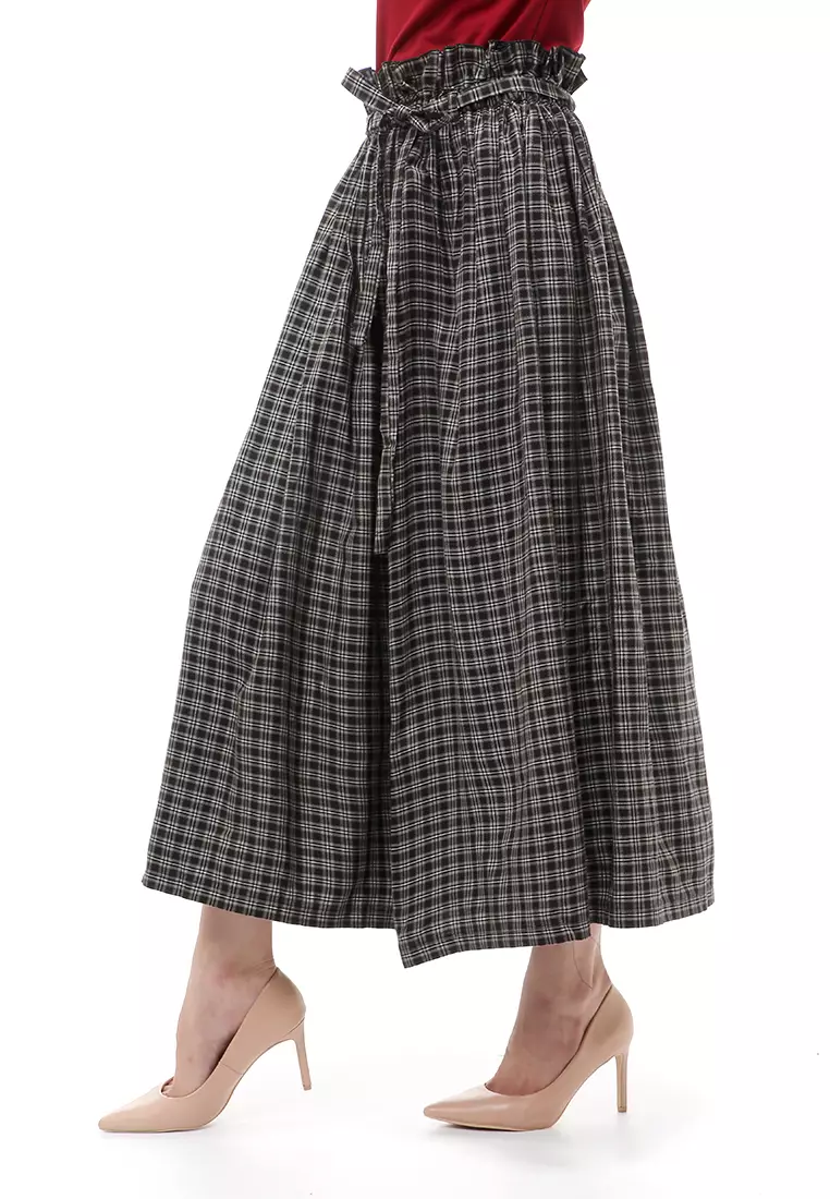 Amel Long Skirt Bawahan Wanita Motif Kotak-Kotak Regular Fit - Black