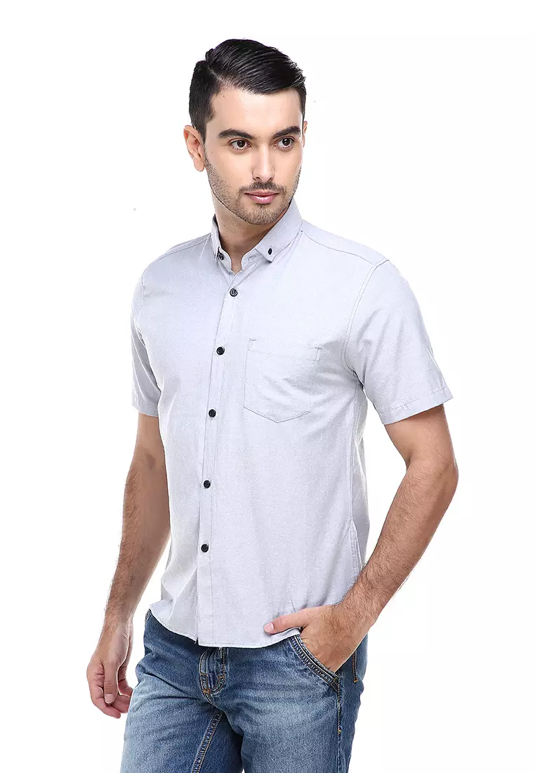 Dwan Casual Shirt Kemeja Polos Pria Lengan Pendek Kasual Formal Material Cotton ORIGINAL - Gray