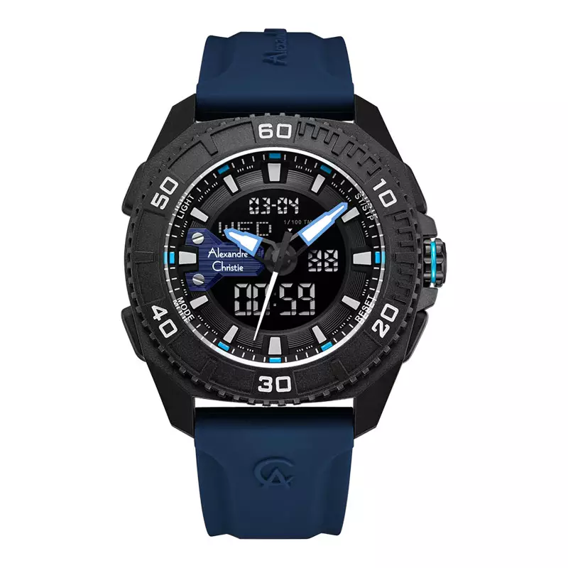 Jam Tangan Pria Alexandre Christie Digi AC 9502 MH RIPBABU Men Digital Analog Dial Blue Rubber Strap