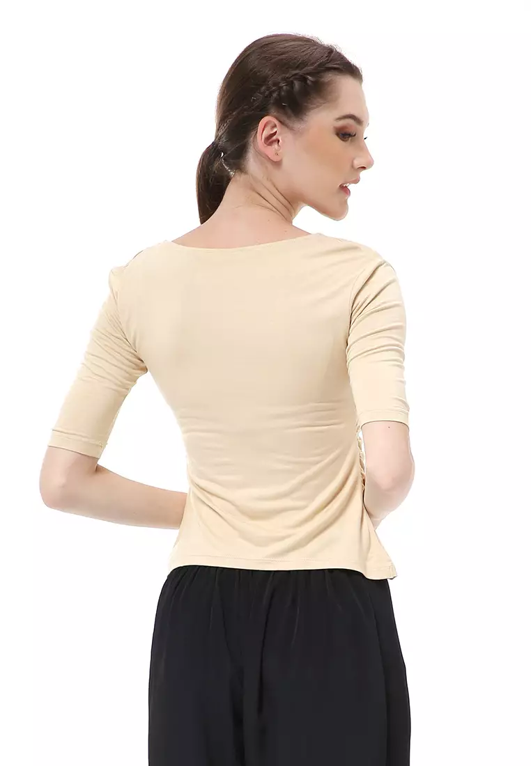 Cerise Atasan Wanita Ruffle T-shirt Casual Kaos Short Sleeve Material Rayon Lycra ORIGINAL - Beige