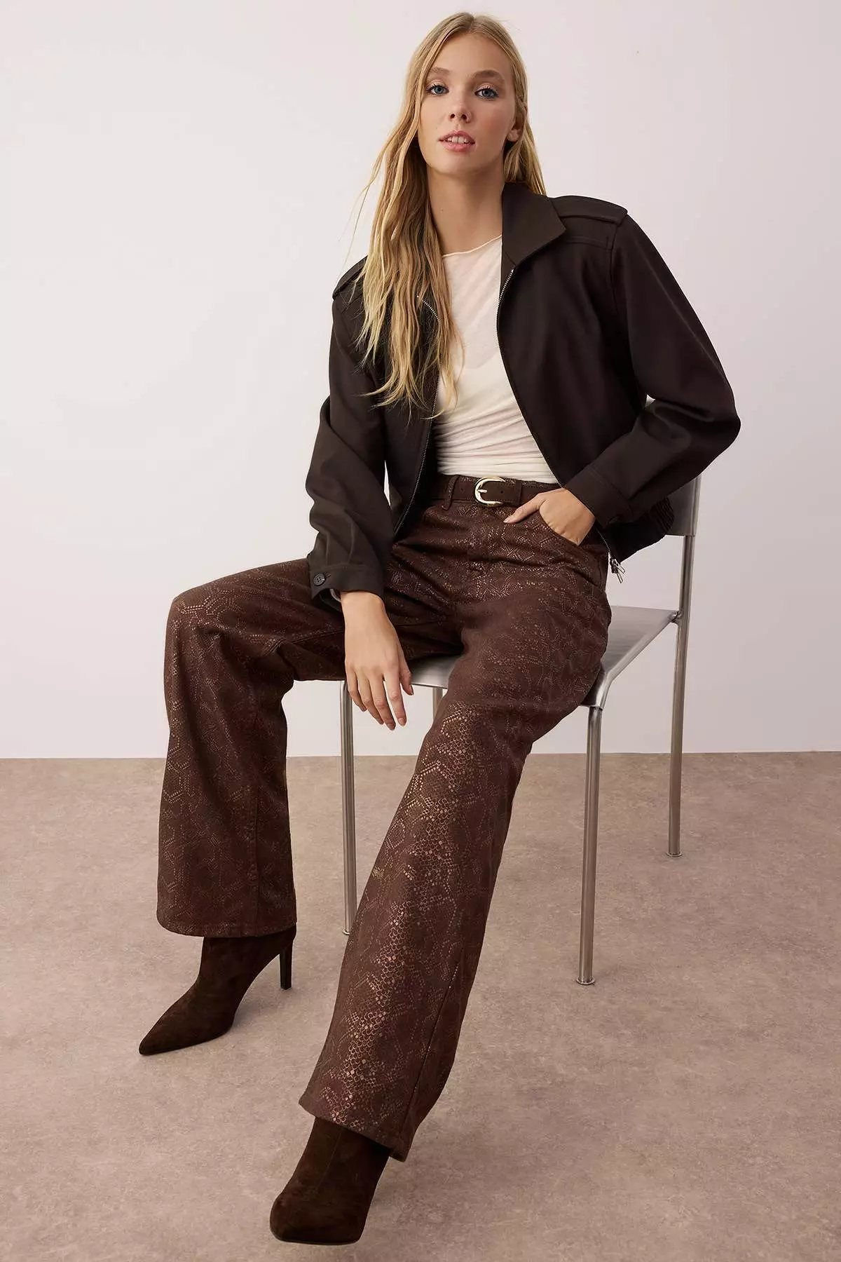 Brown Snake Patterned High Waist Wide Leg Jeans