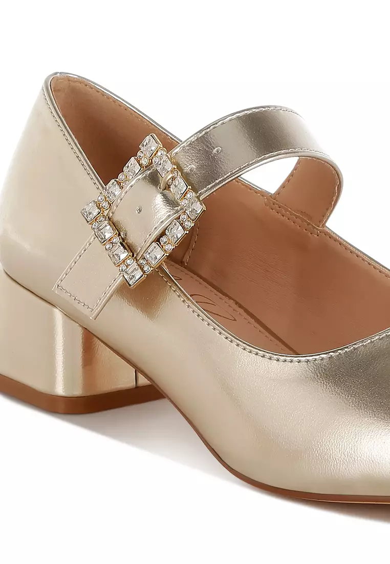 Bros Diamante Metalik Mary Jane Pumps Dalam Emas