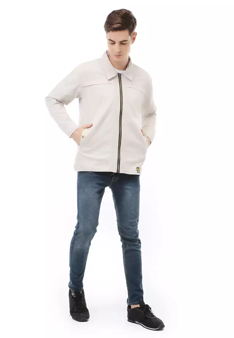 Clover Outerwear Jacket Fashion Pria Motif Polos Material Cotton ORIGINAL - Light Cream