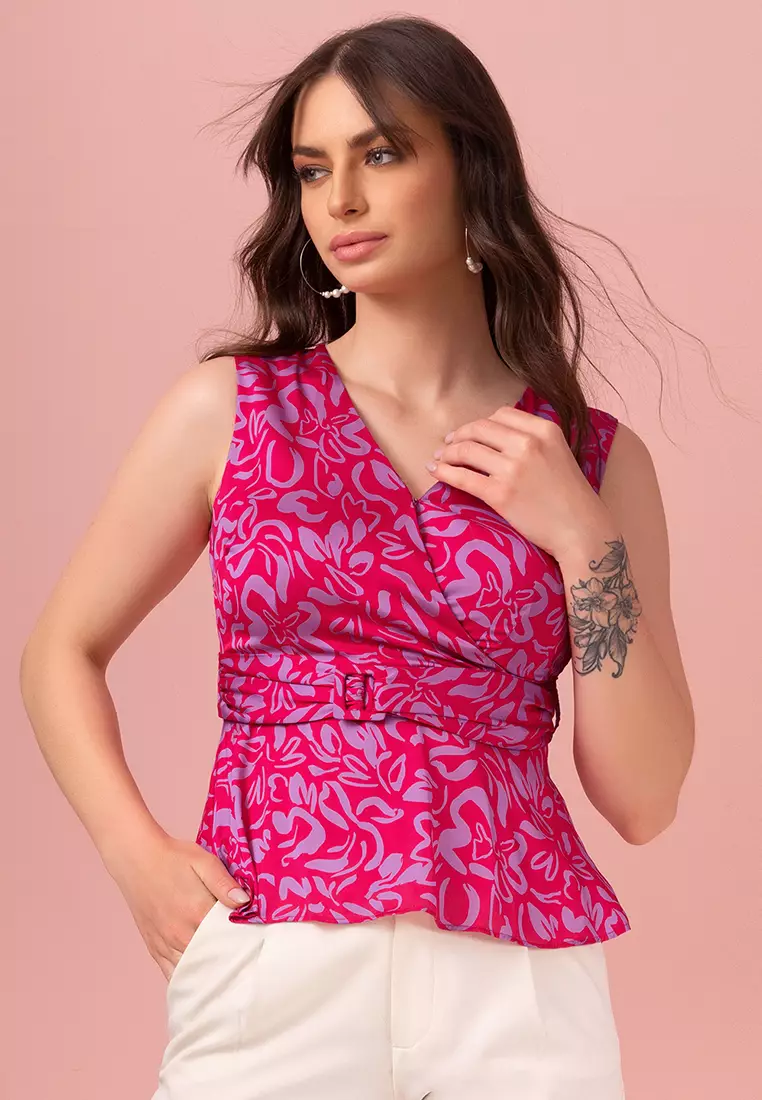Pink Abstract Print Wrap Peplum Top