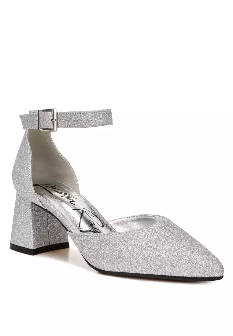 Glitter Block Heel Sandals in Silver