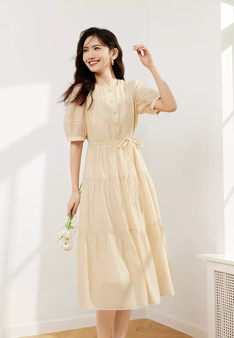 Pleated Button-Front Puff Sleeve Dress