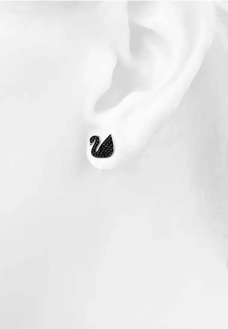 Solid 925 Sterling Silver Jet Swan Stud Earrings - Silver/Black
