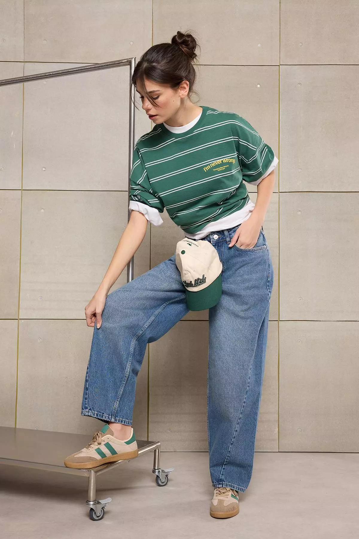 Teen Blue Stitching Detailed High Waist Baggy 1% Cotton Jeans Twoss26Je84