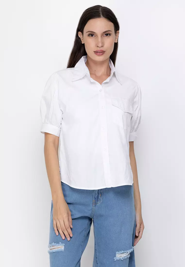 Next Jeans Puff Sleeves Button Down Polo Top White