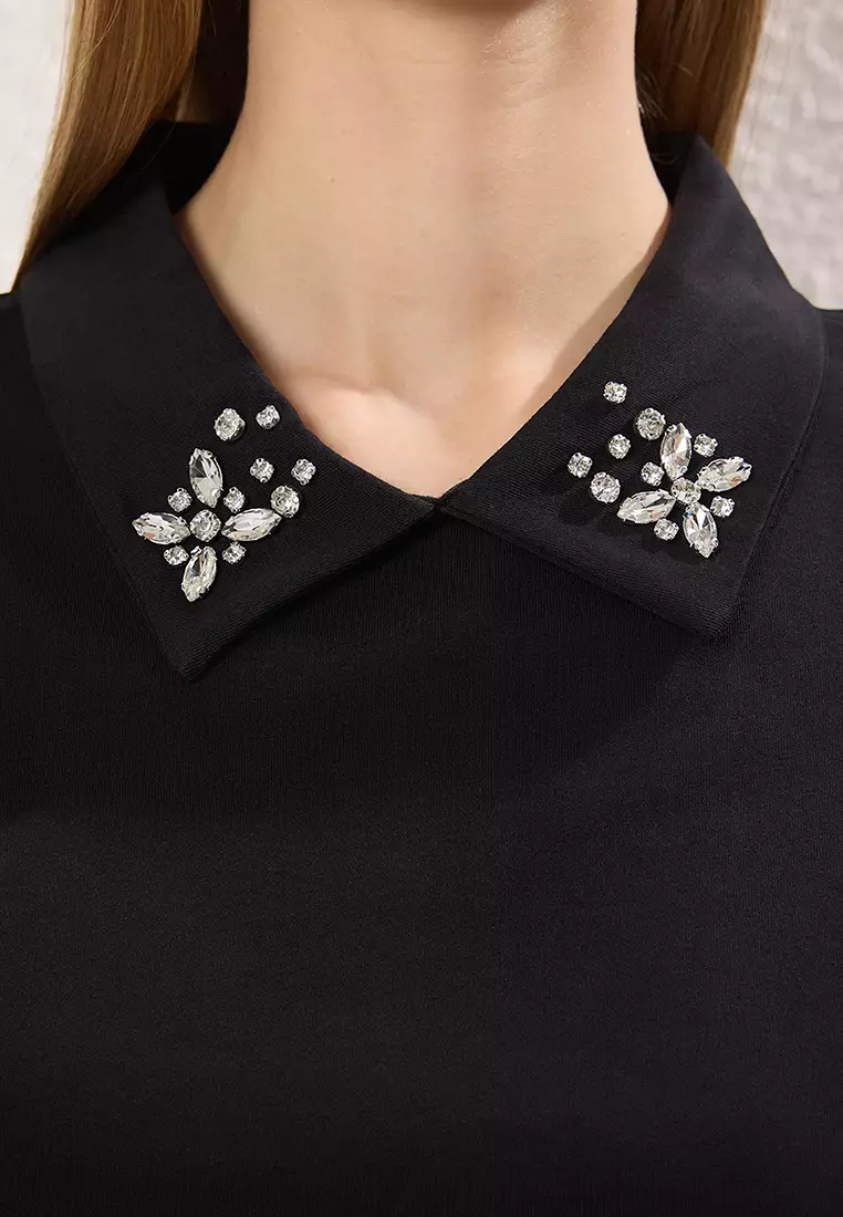 Black Polo Collar with Stone Detail Regular Pattern Knitted T-Shirt TWOSS25TS00052