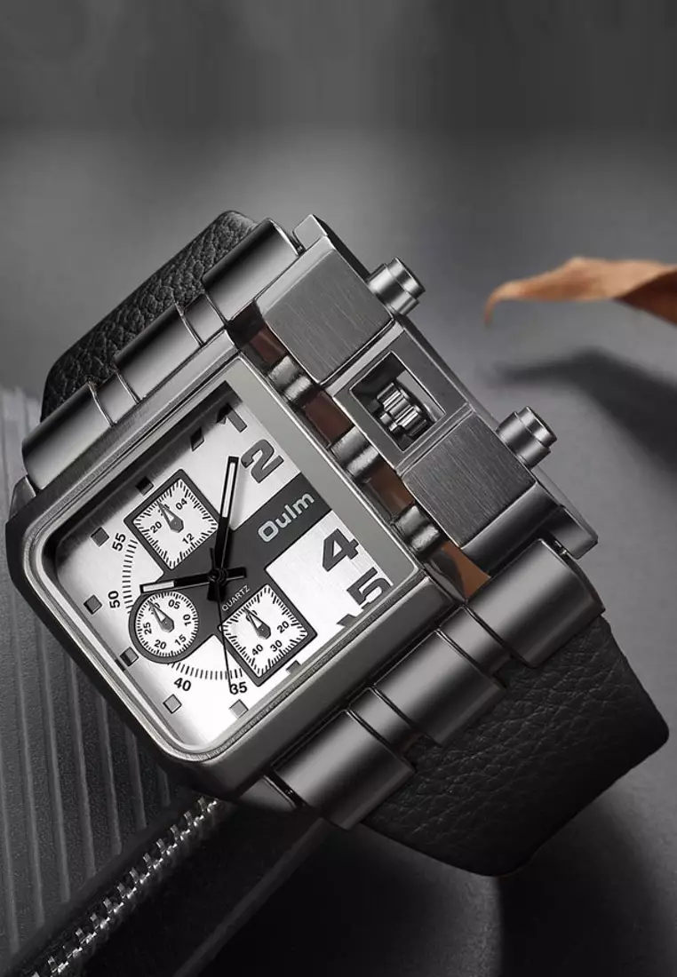 Very Large Men's Quartz Watch - 53x53mm - IP Black Steel case, White Dial, Black Leather Strap