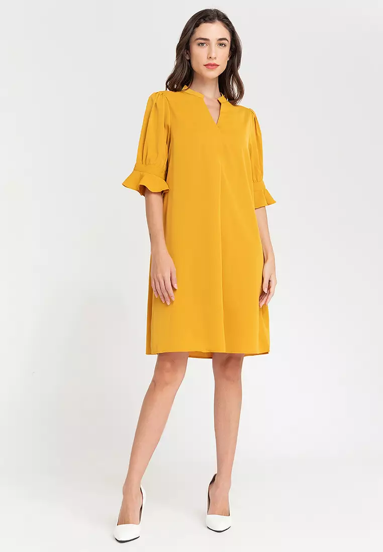 Caleesi Band Collar Puff Sleeves Dress