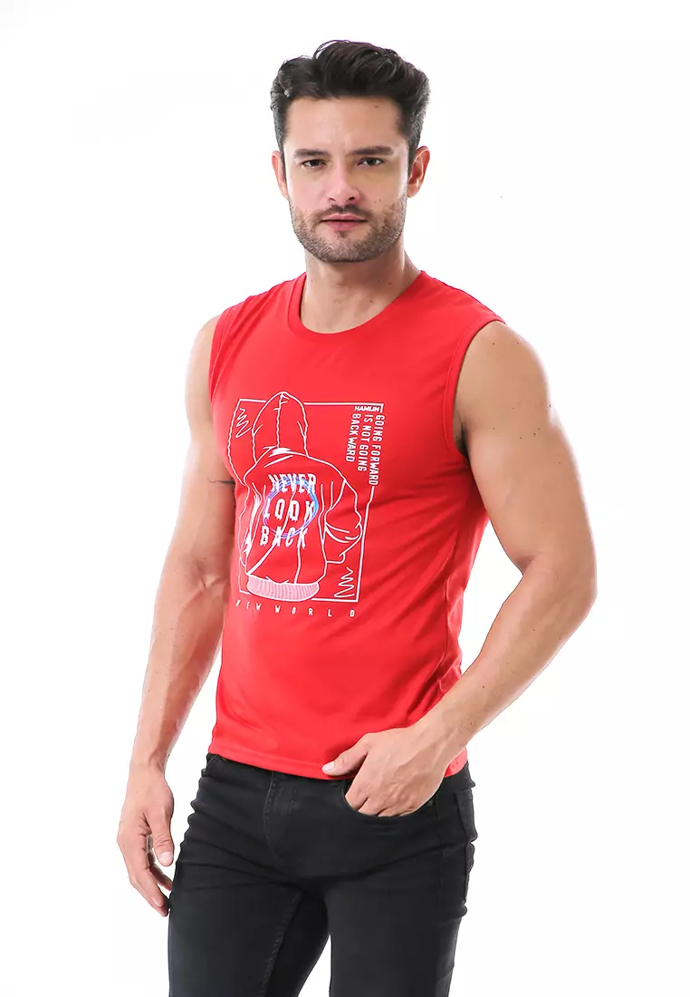Bobby Atasan Kasual Pria Singlet Motif Never Look Back Sleeveless Tshirt Material Cotton ORIGINAL - Red