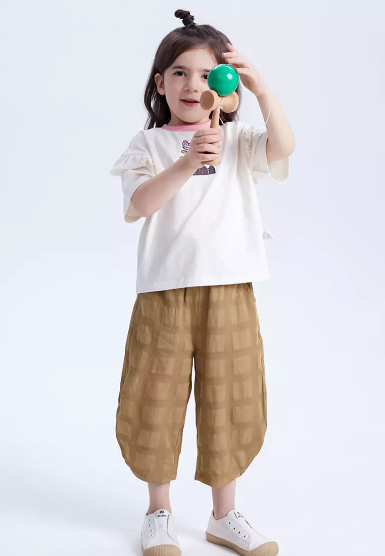 女小童短袖T恤趣味笔触感印花木耳边T恤