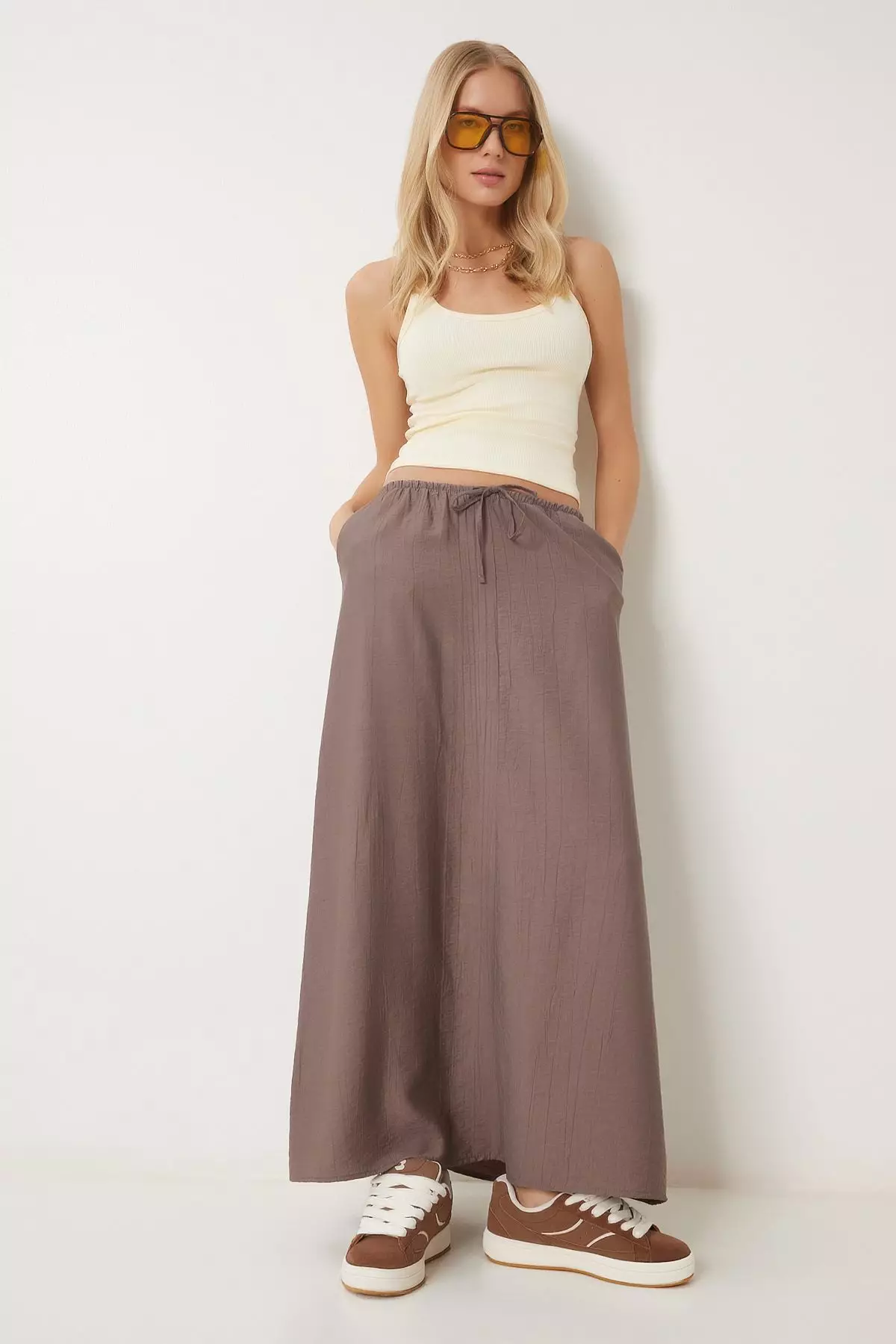 Wrinkled Effect Summer Flared Woven Skirt