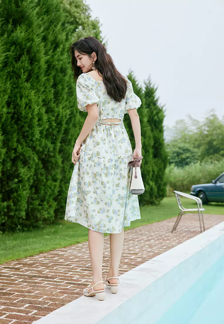 Puff Sleeve Square Neck Floral Midi Dress