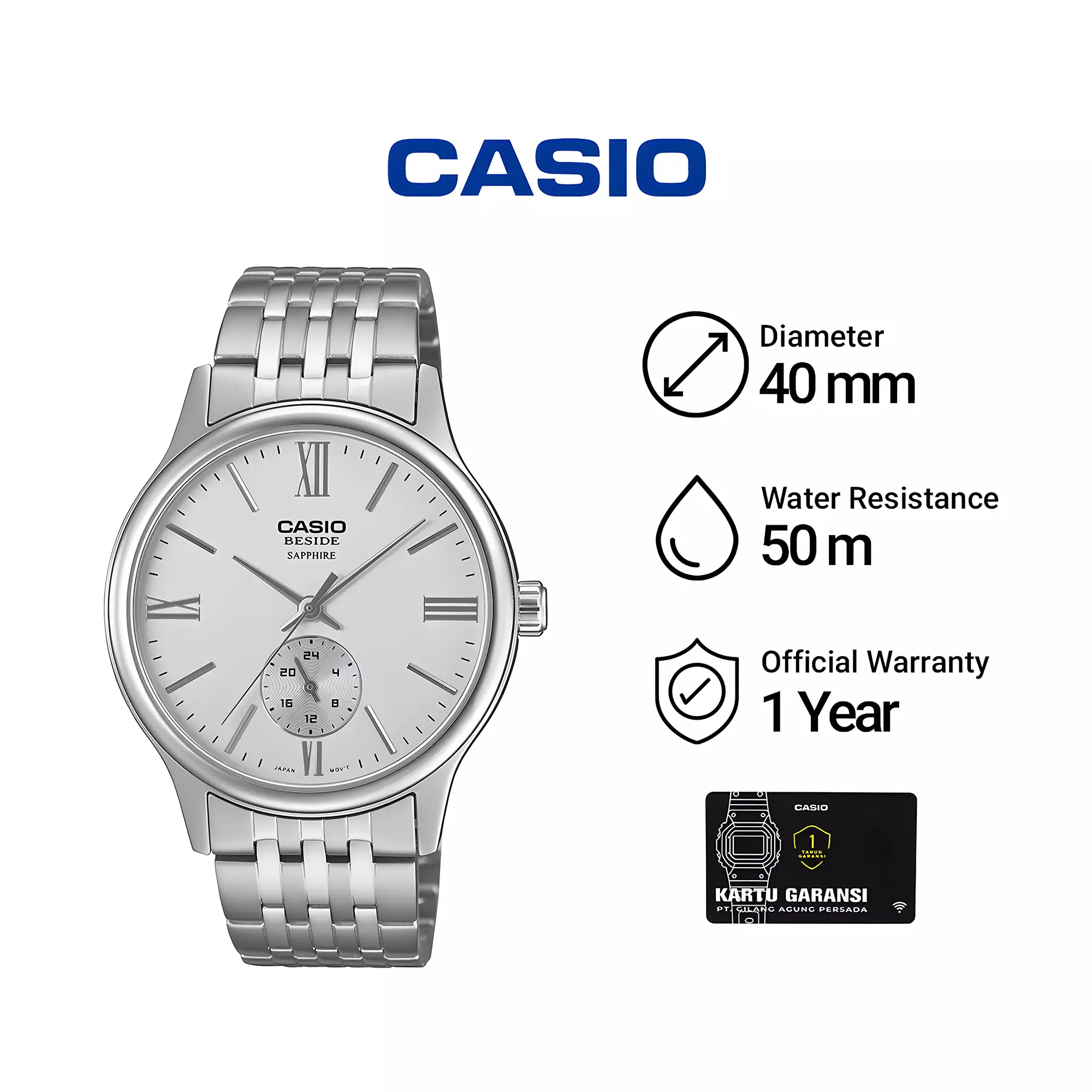 Casio Beside - Jam Tangan Analog Pria Sapphire Glass - White Dial - All Silver Stainless Steel - BMS-100D-7AV