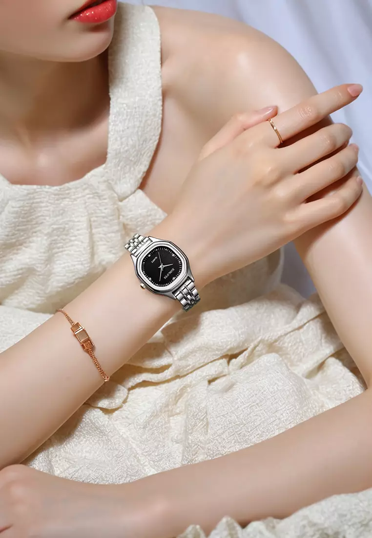 Jam Tangan Wanita 6015 Kecil Elegan Simpel Analog Korea Jam Tangan Cewek Original  silverblack