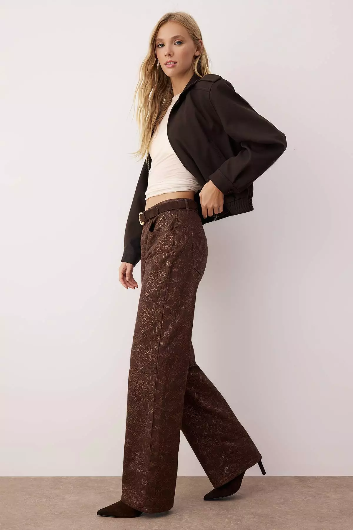 Brown Snake Patterned High Waist Wide Leg Jeans