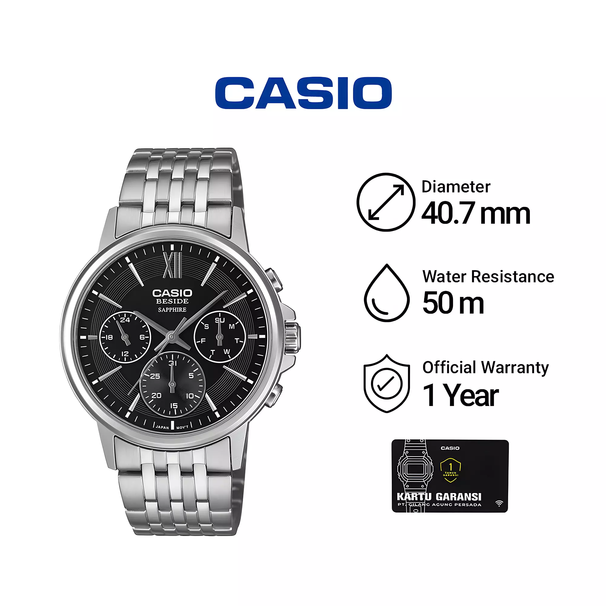 Casio Beside Sapphire Glass - Jam Tangan Chronograph Pria - Black Dial - All Silver Stainless Steel - BMS-300D-1AV