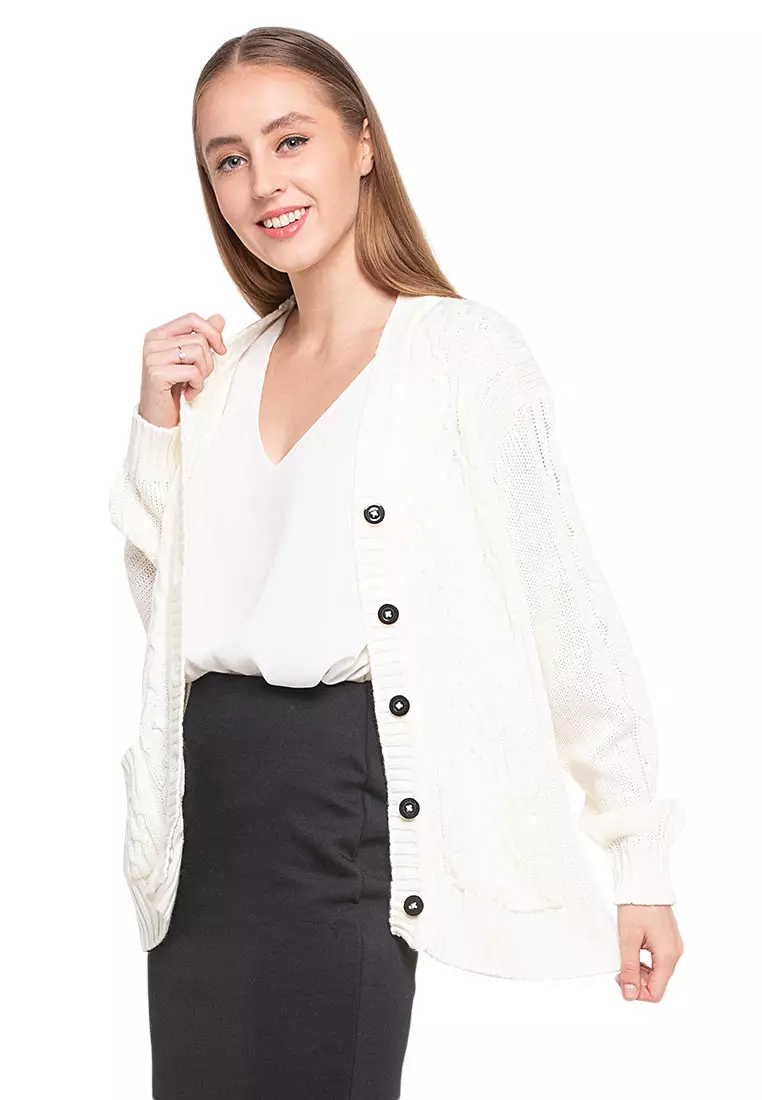 Winifred Kardigan Cable Atasan Wanita Long Sleeves Oversize Relaxed Fit - Off White