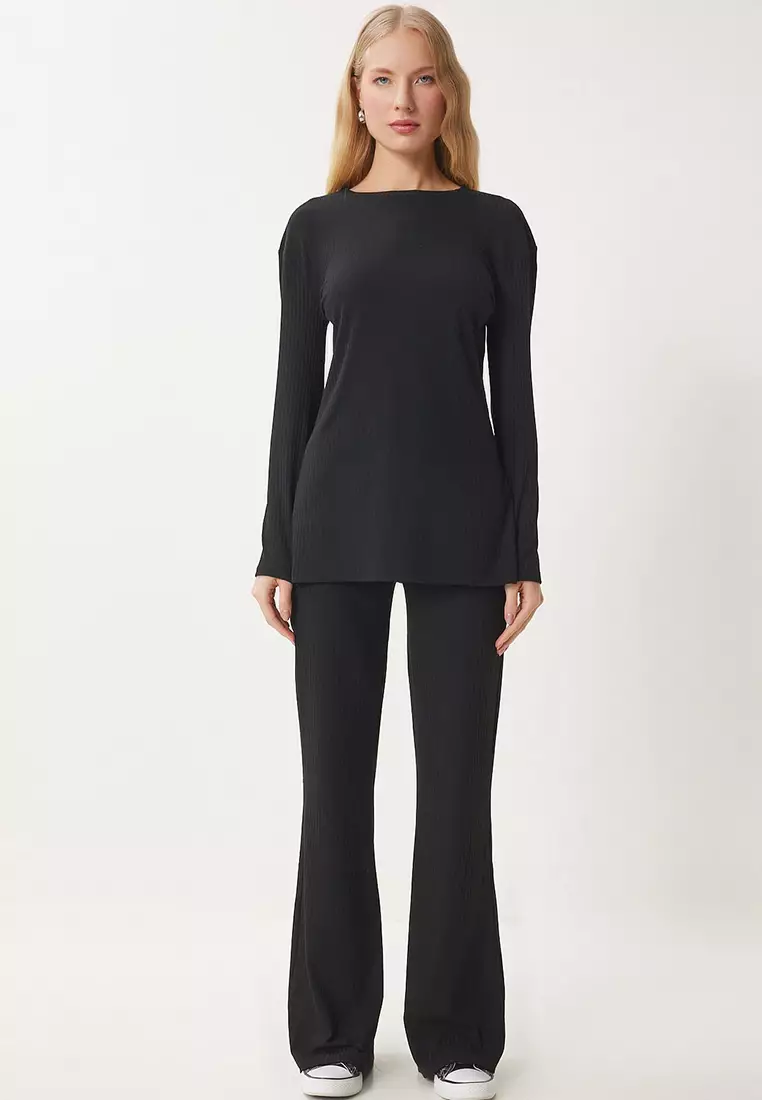 Comfortable Ribbed Knitted Blouse Trousers Set