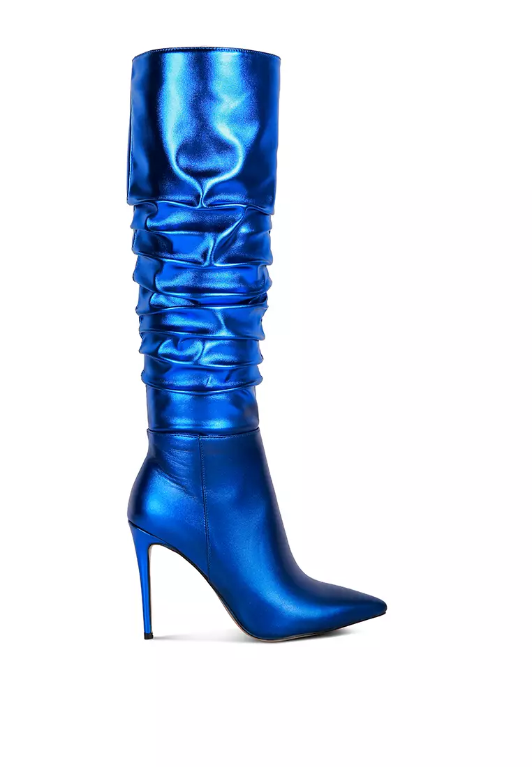 Discount on Rag & Co.  shoes - SKU: Blue Metallic Ruched Stiletto Calf Boots