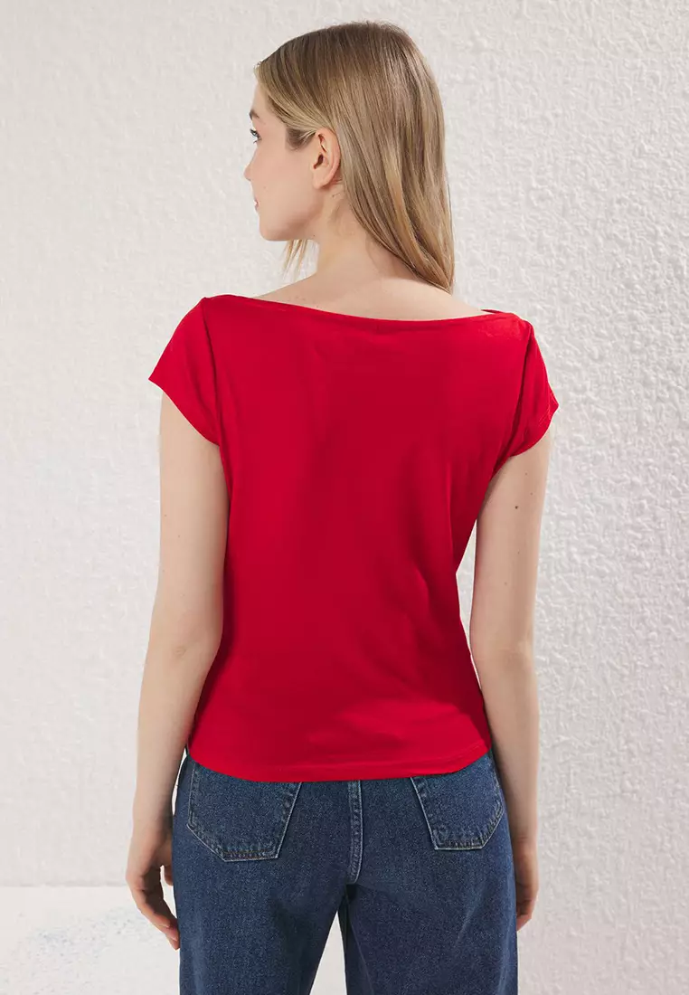 Red Boat Neck Fitted/Fits Body Cotton Stretch Knit Blouse Twoss25Bz00285