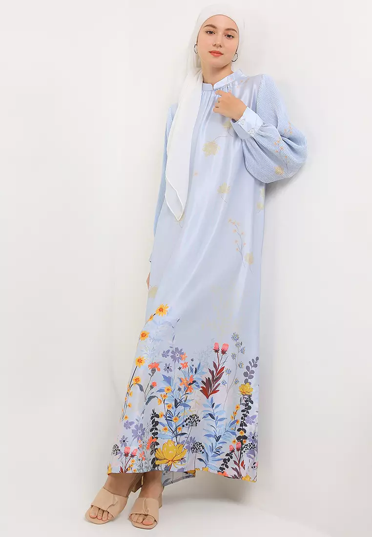 MFMW Madelyn Dress Gamis Satin Blue Motif Bunga