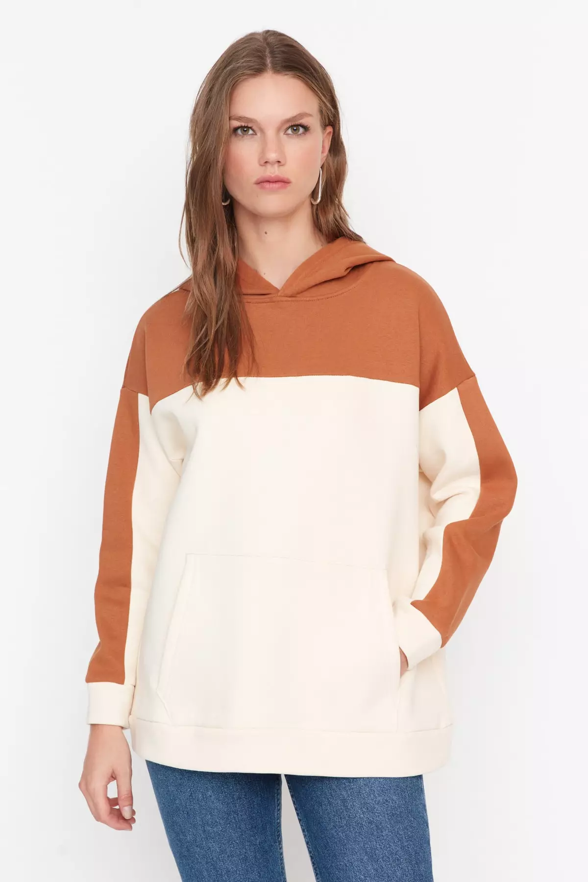 Buy Trendyol Brown Color Block Hoodie 100 Cotton Knitted