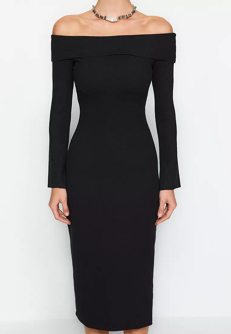Fitted Off Shoulder Midi Dress