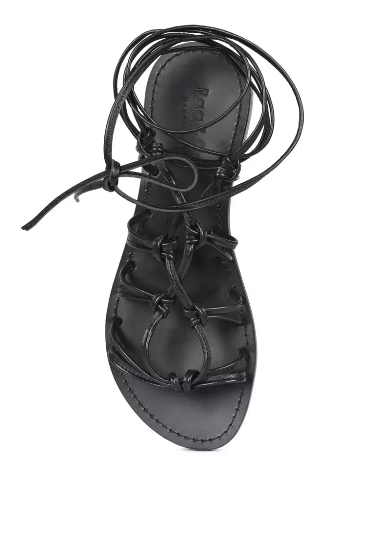 Handcrafted Black Leather Tie Up String Flats