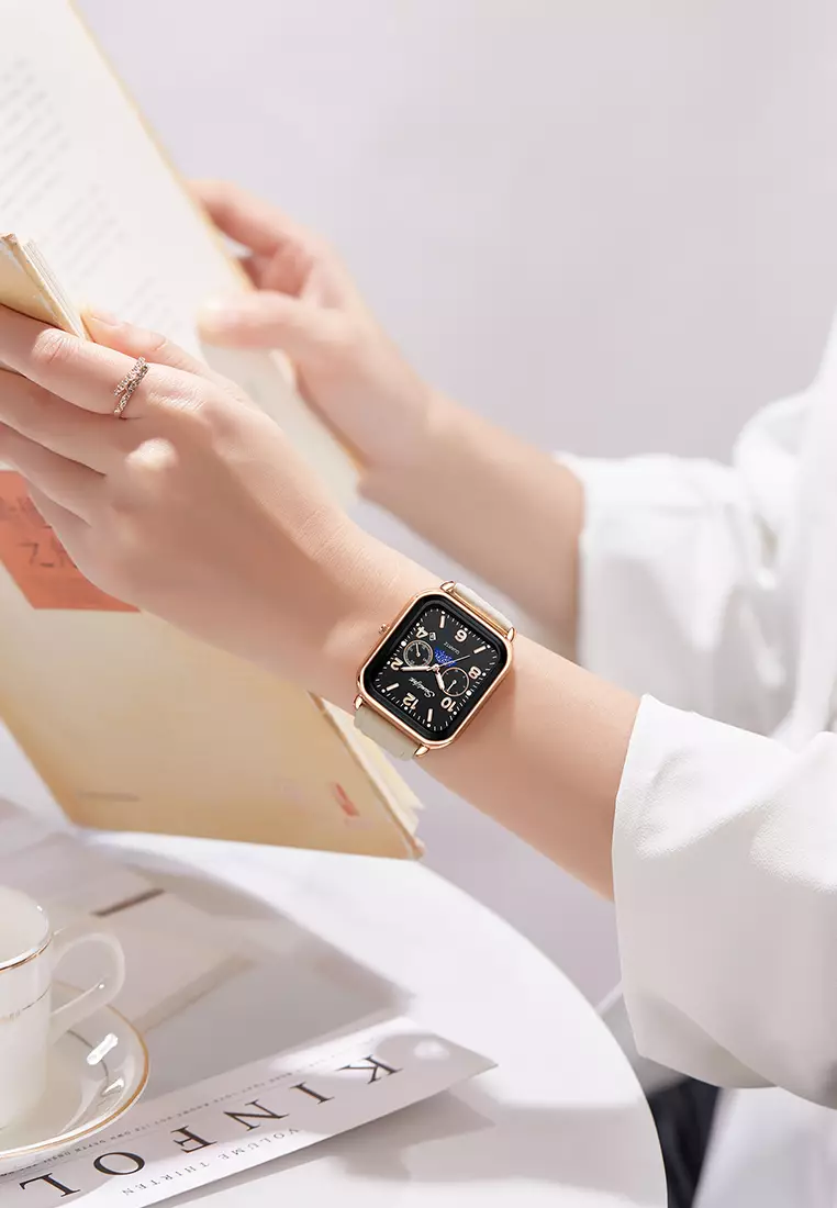 Jam Tangan Wanita Korean Kasual Mode Tali Kulit Kuarsa Jam Tangan Cewek Original whiteblack