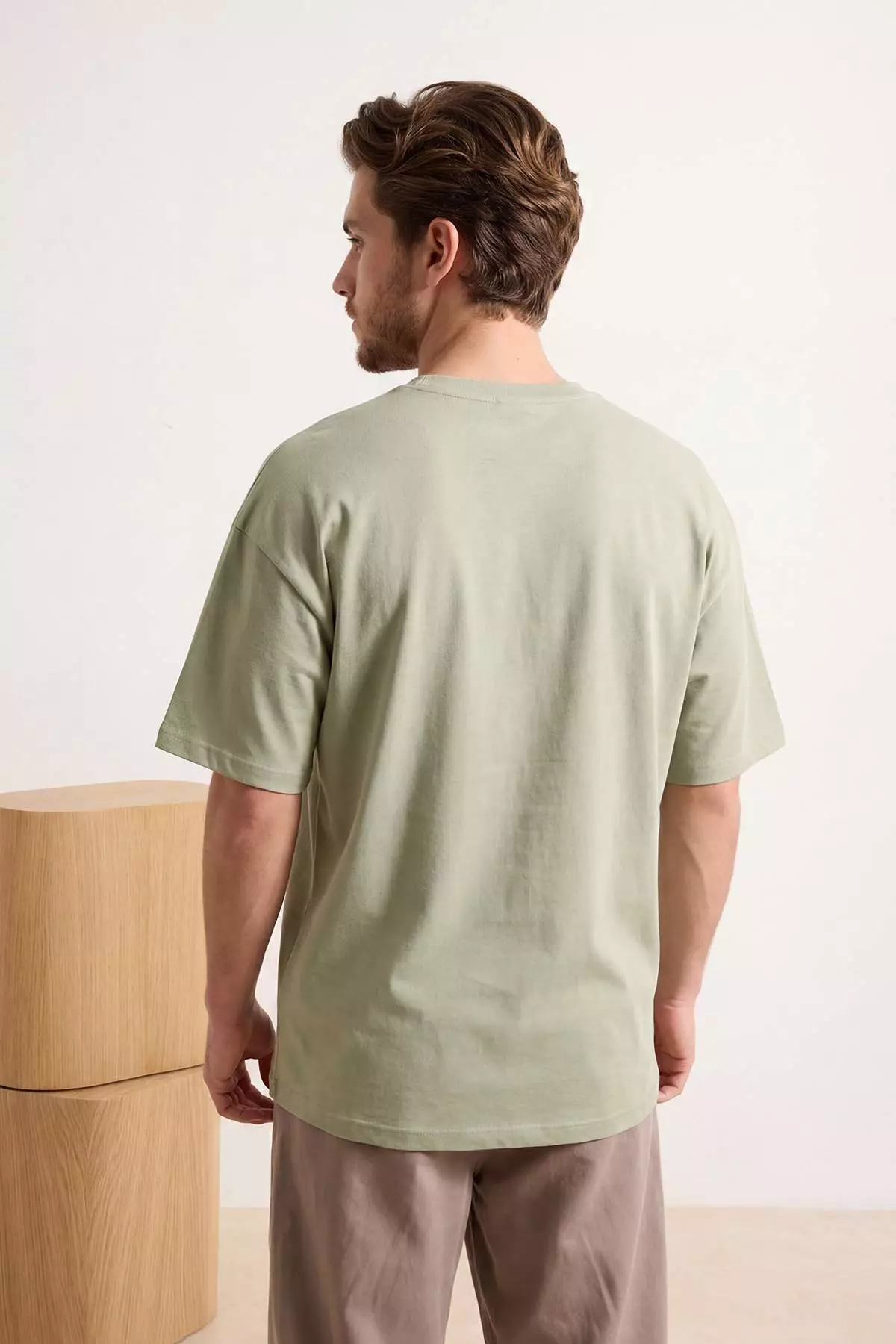 Light Khaki Oversized /Wide Cut Embroidered 100% Cotton T-Shirt Tmnss26Ts00024