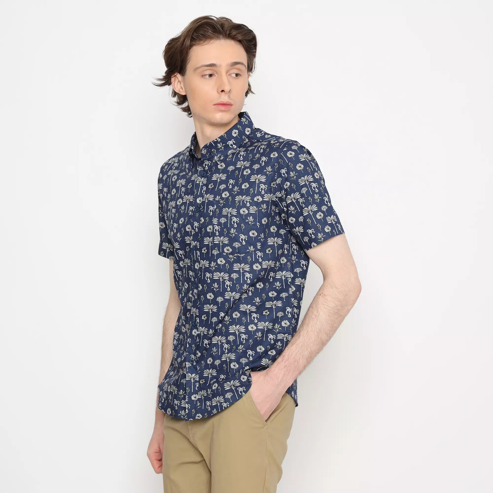 Platini Kemeja Motif Pria Lengan Pendek Katun Navy 132187