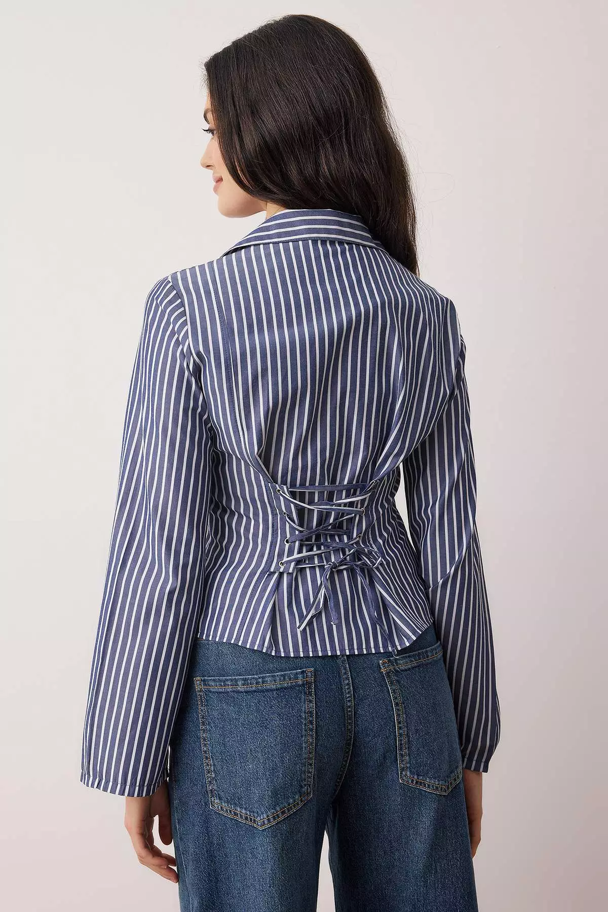 Navy Blue-White Corset Detailed Fitted Waist Shirt Twoaw26Go55