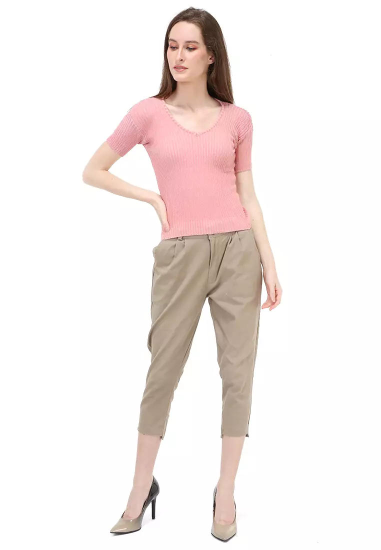 Amora Vneck Rajut Short Sleeves Atasan Casual Wanita - DustyPink